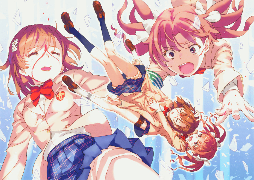 2girls absurdres blood blue_sailor_collar brown_eyes brown_hair closed_eyes dress_shirt hair_ornament highres huge_filesize injury long_hair misaka_mikoto multiple_girls multiple_views plaid plaid_skirt pleated_skirt raika9 sailor_collar sakugawa_school_uniform school_uniform serafuku shirai_kuroko shirt shorts shorts_under_skirt skirt to_aru_kagaku_no_railgun to_aru_majutsu_no_index tokiwadai_school_uniform white_shirt white_shorts