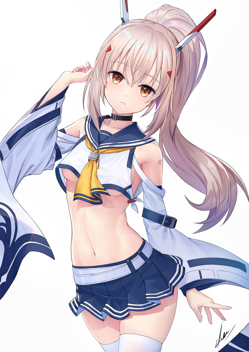 1girl armpits ayanami_(azur_lane) azur_lane bandaid_on_arm bangs belt blue_sailor_collar blue_skirt breasts cowboy_shot crop_top crop_top_overhang detached_sleeves eyebrows_visible_through_hair headgear highres long_hair long_ponytail long_sleeves looking_at_viewer medium_breasts midriff navel neckerchief platinum_blonde_hair pleated_skirt ponytail retrofit_(azur_lane) sailor_collar shirt sidelocks simple_background sion_(9117) skirt smile solo standing teeth thigh-highs tied_shirt under_boob white_background white_belt white_legwear wide_sleeves yellow_eyes yellow_neckwear