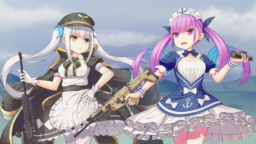 1037519921 2girls absurdres anti-materiel_rifle apron assault_rifle breasts clouds commentary_request crossover drill_hair frilled_skirt frills gun hair_ribbon hat heterochromia highres hololive huge_filesize kagura_mea kagura_mea_channel long_hair low_twintails m107 maid maid_apron maid_headdress military_coat military_hat minato_aqua mountain multicolored_hair multiple_girls open_mouth pantyhose purple_hair ribbon rifle scope silver_hair skirt sky sniper_rifle trigger_discipline twin_drills twintails virtual_youtuber weapon weapon_request white_legwear