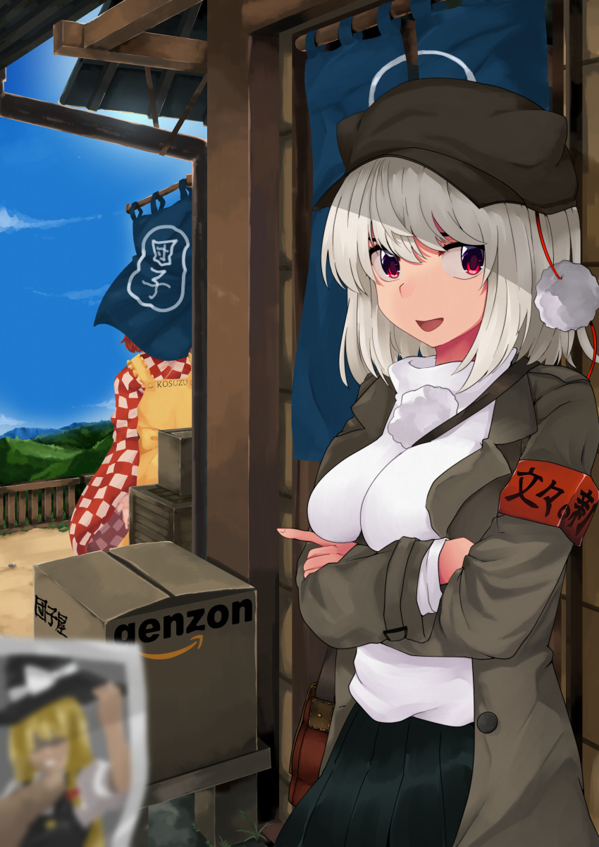 2girls absurdres amazon_(company) apron black_dress blonde_hair blue_sky box braid breasts commentary commentary_request crossed_arms dakimakura dakimakura_(object) dress frilled_dress frills hair_tubes hat highres huge_filesize inubashiri_momiji kirisame_marisa large_breasts mountain multiple_girls nature open_mouth outdoors pillow pom_pom_(clothes) red_eyes shirokaba114 shirt short_hair silver_hair sky tagme touhou turtleneck waist_apron white_shirt witch_hat
