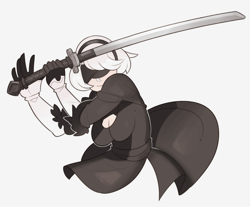 absurdres black_blindfold black_dress black_hairband blindfold cleavage_cutout covered_eyes dress feather-trimmed_sleeves gloves hairband highres nier_(series) nier_automata splashbrush sword virtuous_contract weapon white_hair yorha_no._2_type_b