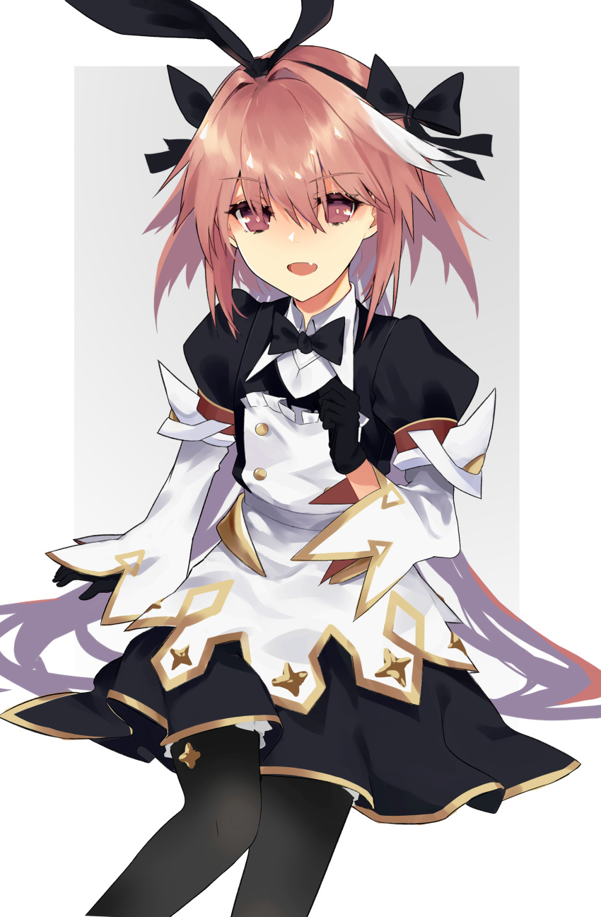 1boy absurdres astolfo_(fate) astolfo_(saber)_(fate) bangs black_bow black_dress black_gloves black_legwear black_neckwear black_ribbon blush border bow bowtie buttons dress fang fate/grand_order fate_(series) gloves grey_background hair_between_eyes hair_bow hair_intakes hair_ribbon highres juliet_sleeves layered_skirt long_hair long_sleeves looking_at_viewer low_twintails moonlaw multicolored_hair open_mouth otoko_no_ko pink_hair puffy_sleeves ribbon skirt smile solo streaked_hair thigh-highs twintails violet_eyes white_border white_hair white_skirt wide_sleeves wing_collar