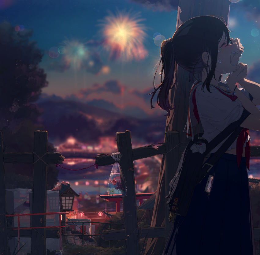 1girl absurdres bag black_hair blush bracelet broken_fence cellphone closed_eyes crying fence fireworks fish goldfish highres huge_filesize jewelry lantern mountain ogipote open_mouth original outdoors phone pleated_skirt ponytail school_bag school_uniform serafuku skirt smartphone solo tears teeth