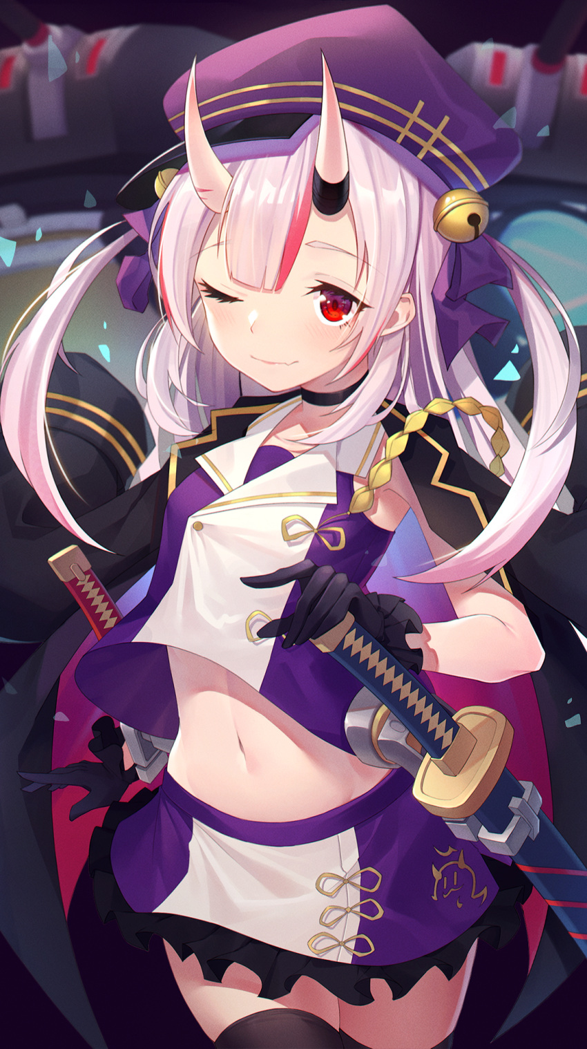 1girl armpits azur_lane bell belly beret blurry blurry_background cannon cape gloves hair_between_eyes hat highres hitokuchii hololive katana long_hair looking_at_viewer nakiri_ayame one_eye_closed oni_horns red_eyes sheath sheathed silver_hair sleeveless solo sword thigh-highs twintails virtual_youtuber weapon