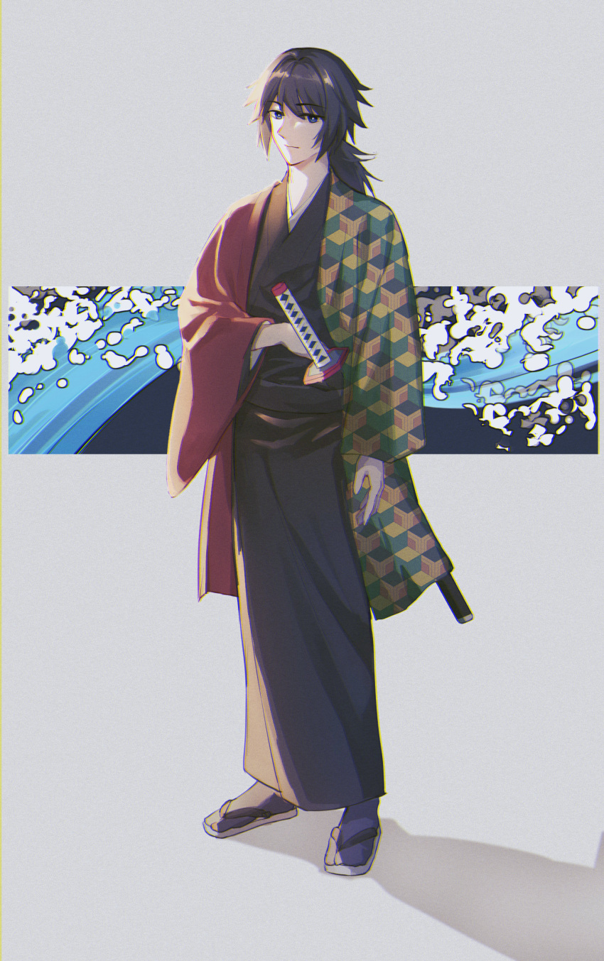 1boy absurdres bangs black_hair black_kimono blue_eyes closed_mouth eyebrows_visible_through_hair full_body grey_background haori highres holding holding_sword holding_weapon japanese_clothes kimetsu_no_yaiba kimono long_hair long_sleeves looking_at_viewer low_ponytail male_focus missholmes open_clothes sandals shadow solo splatter standing sword tomioka_giyuu water waves weapon wide_sleeves