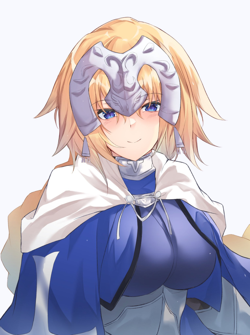 1girl armor armored_dress blonde_hair blue_eyes blush braid breasts cape closed_mouth commentary_request eyebrows_visible_through_hair fate/apocrypha fate/grand_order fate_(series) headpiece highres jeanne_d'arc_(fate) jeanne_d'arc_(fate)_(all) large_breasts long_braid long_hair looking_at_viewer single_braid smile standard_bearer very_long_hair white_cape yuki_maccha_(yukimattya10)