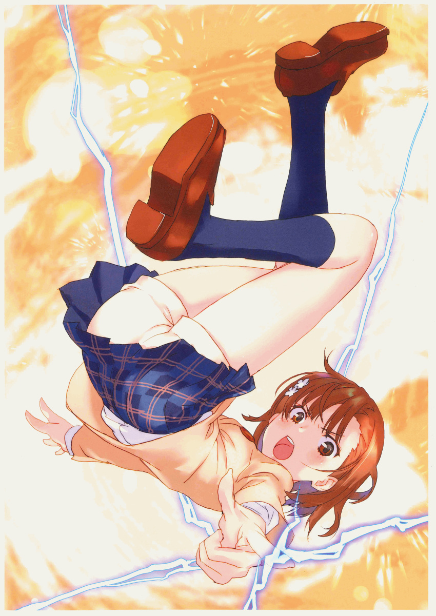 1girl absurdres ahoge blue_legwear brown_eyes brown_footwear brown_hair electricity eyebrows_visible_through_hair flower hair_between_eyes hair_flower hair_ornament highres looking_at_viewer misaka_mikoto pleated_skirt raika9 scan shirt shoes short_shorts shorts skirt socks solo to_aru_kagaku_no_railgun to_aru_majutsu_no_index upside-down white_flower white_legwear white_shirt white_shorts