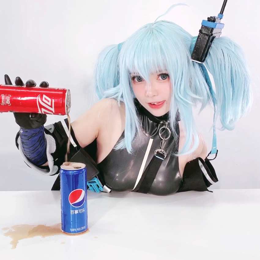 1girl :d ahoge asian black_gloves breast_rest breasts bright_pupils can choker coca-cola cosplay covered_collarbone girls_frontline gloves grey_eyes highres licking_lips light_blue_hair looking_at_viewer open_mouth pa-15_(girls_frontline) parted_lips pepsi photo real_life shiny shiny_clothes short_twintails sidelocks small_breasts smile soda soda_can solo spilling tight tongue tongue_out twintails upper_body