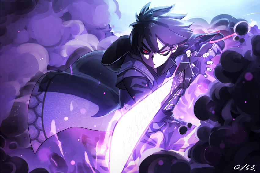 1boy bai_yemeng black_hair eyebrows_visible_through_hair fighting_stance fingerless_gloves gloves glowing glowing_eyes glowing_weapon highres holding holding_sword holding_weapon katana male_focus original purple_gloves red_eyes shaded_face signature smoke solo sword vambraces weapon