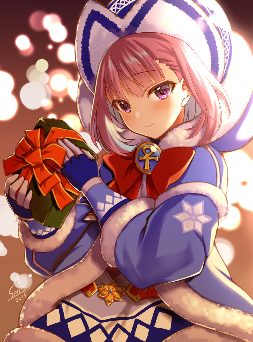 1girl backlighting badge bangs beanie belt blue_coat blue_dress blue_gloves blue_headwear blush bow box closed_mouth coat dress fate/grand_order fate/grand_order_arcade fate_(series) fur-trimmed_coat fur-trimmed_dress fur_trim gift gift_box gloves hat helena_blavatsky_(christmas)_(fate) highres hijiri_ruka hooded_coat large_bow long_sleeves looking_at_viewer open_clothes open_coat purple_hair red_bow short_hair smile solo violet_eyes