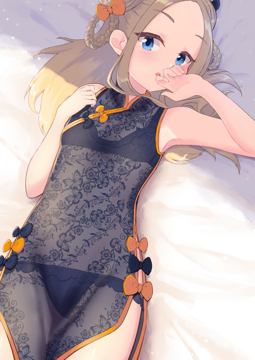 1girl abigail_williams_(fate/grand_order) bangs bare_shoulders black_bow black_bra black_dress black_panties blonde_hair blue_eyes blush bow bra braid breasts china_dress chinese_clothes dress fate/grand_order fate_(series) forehead hair_bow hair_rings highres karu_(ricardo_2628) long_hair looking_at_viewer lying on_back open_mouth orange_bow panties parted_bangs see-through side_slit small_breasts solo thighs underwear