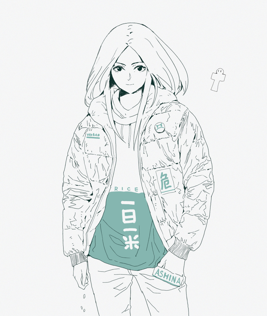 &gt;:( 1girl bangs ching_yeh divine_child_of_rejuvenation drawstring english_text eyelashes hands_in_pockets highres hood hooded_jacket hoodie jacket logo long_hair long_sleeves looking_at_viewer parted_bangs partially_colored rice sekiro:_shadows_die_twice simple_background sketch smile standing unzipped