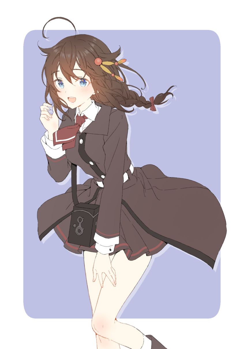 1girl ahoge bag bangs blue_eyes blush braid breasts brown_hair collared_shirt hair_flaps hair_ornament hair_ribbon highres jacket kantai_collection long_sleeves open_mouth pleated_skirt red_neckwear remodel_(kantai_collection) ribbon shigure_(kantai_collection) shiosoda shirt shoulder_bag simple_background single_braid skirt solo white_shirt