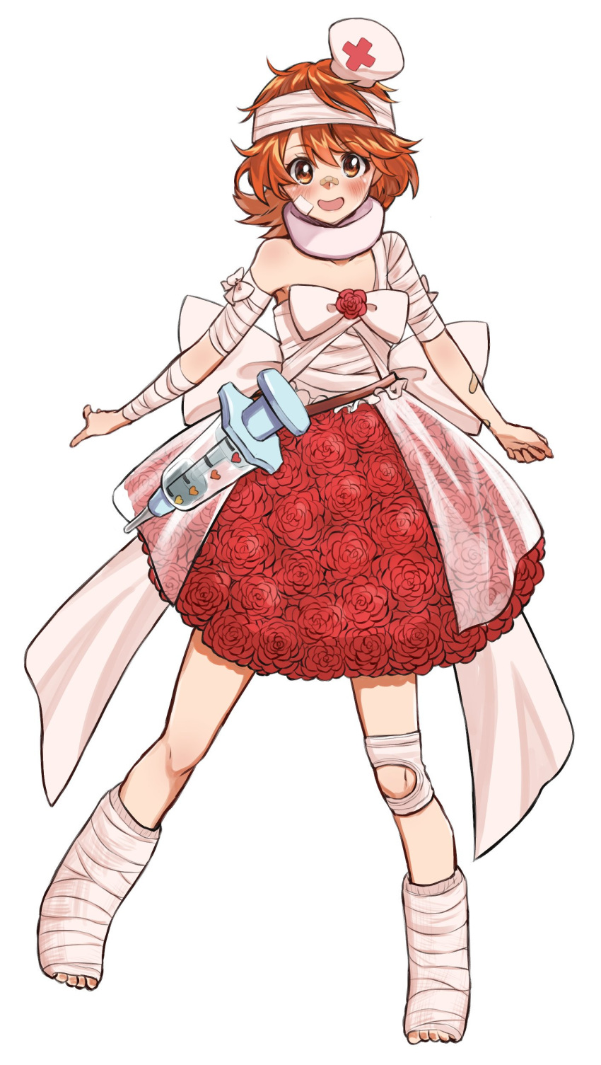 1girl absurdres bandage_on_face bandaged_arm bandaged_head bandages bandaid bandaid_on_nose bangs blush bow brown_eyes brown_hair cast eyebrows_visible_through_hair floral_print flower full_body hat high-waist_pants highres knee_brace looking_at_viewer mamu_t7s medium_hair medium_skirt neck_brace open_mouth original oversized_object pink_bow pink_headwear print_skirt red_cross red_flower red_rose red_skirt rose simple_background skirt smile solo standing syringe white_background
