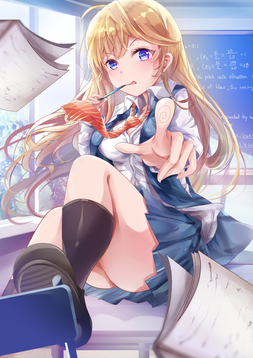 1girl black_legwear blonde_hair blue_eyes blue_skirt book chalkboard commentary desk highres holding long_hair looking_at_viewer mutang necktie on_desk open_book original pencil pointing pointing_at_viewer school_uniform sitting sitting_on_desk skirt socks solo