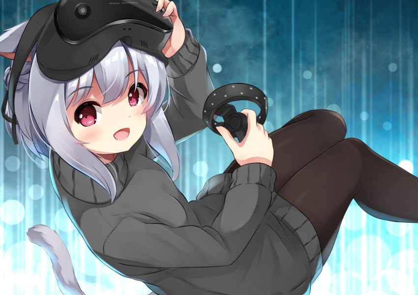 1girl :d animal_ears bangs black_legwear black_sweater blush cat_ears cat_girl cat_tail commentary_request eyebrows_visible_through_hair grey_hair hair_between_eyes head_mounted_display highres holding long_hair long_sleeves looking_at_viewer looking_to_the_side open_mouth original pantyhose red_eyes smile solo sora_(silent_square) sweater tail