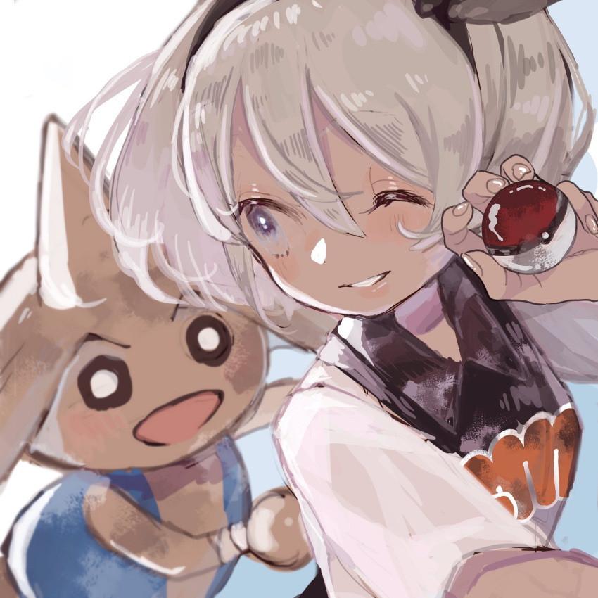 1girl blue_eyes bow dark_skin grey_hair gym_leader hair_bow highres hitmontop one_eye_closed pokemon pokemon_(creature) pokemon_(game) pokemon_swsh saitou_(pokemon) short_hair supika white_background