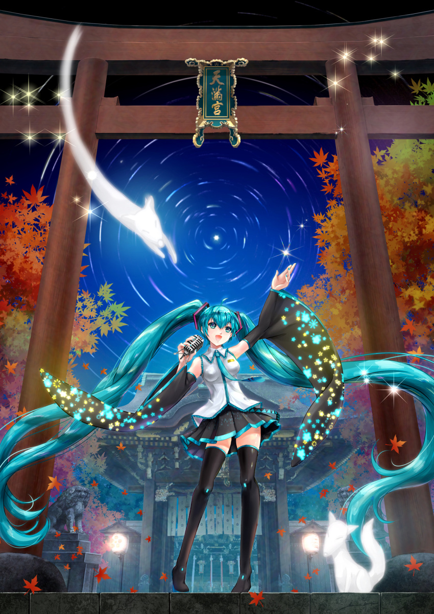 1girl aqua_eyes aqua_hair autumn_leaves boots hair_ornament hatsune_miku highres kyoto leaf long_hair maple_leaf microphone skirt thigh-highs thigh_boots torii twintails very_long_hair vocaloid