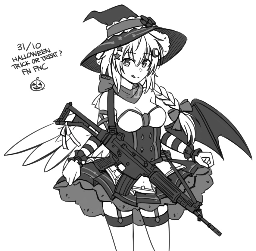1girl assault_rifle bare_shoulders bow braid breasts character_name closed_mouth crescent crescent_hair_ornament dated dress feathered_wings fn_fnc fnc_(girls_frontline) girls_frontline greyscale gun hair_bow hair_ornament hat highres jack-o'-lantern licking_lips long_hair looking_at_viewer low_wings medium_breasts monochrome ndtwofives object_namesake pleated_dress rifle simple_background solo star star_hair_ornament strapless strapless_dress tongue tongue_out weapon white_background wings witch_hat wrist_cuffs