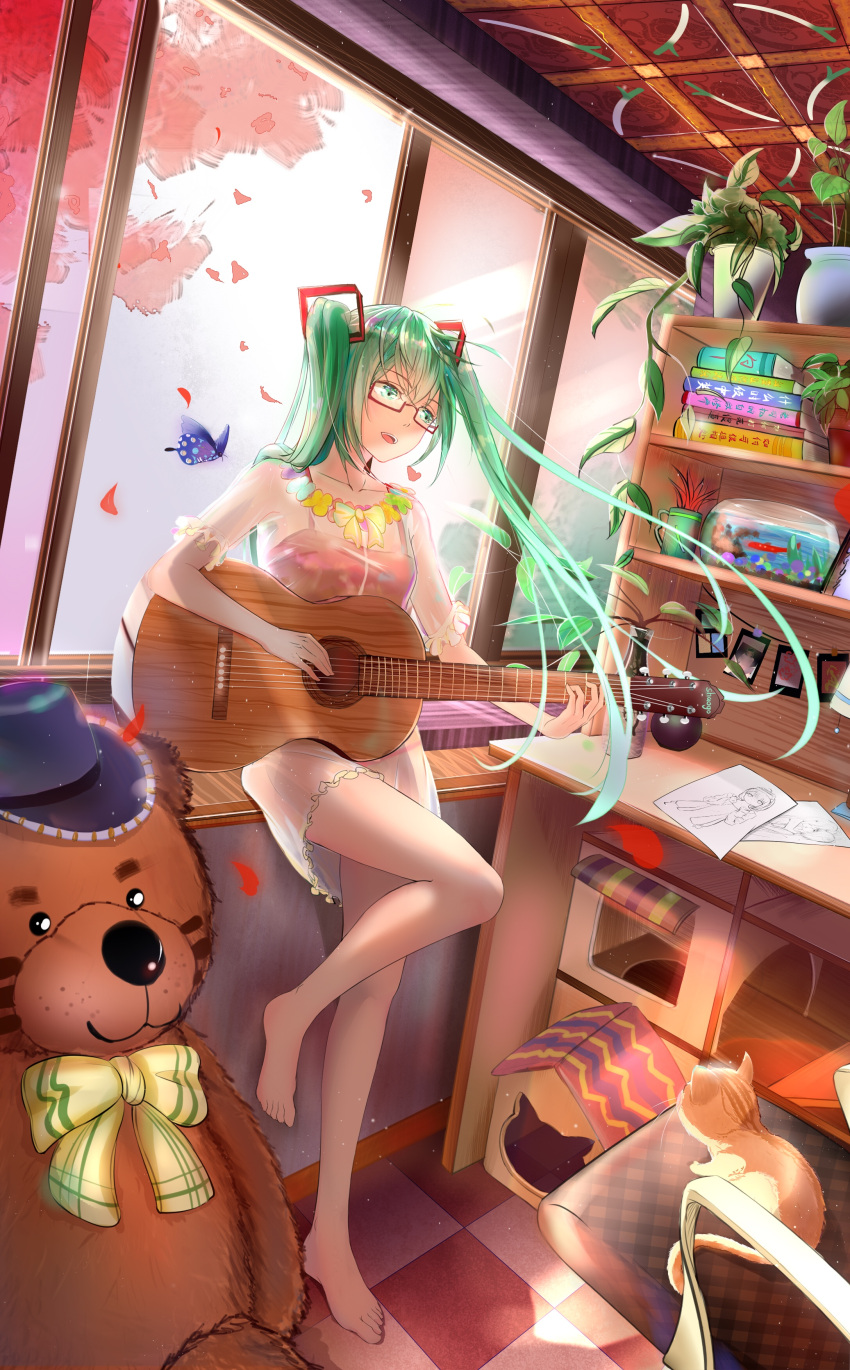 1girl absurdres aqua_eyes aqua_hair blue_neckwear blush glasses hair_ornament hatsune_miku hatsune_miku_(vocaloid4)_(chinese) highres long_hair miniskirt open_mouth see-through skirt sleeveless twintails very_long_hair vocaloid youngpeak