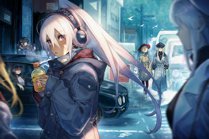 6+girls ahoge alternate_costume azur_lane bag bandaid bandaid_on_face bird bismarck_(azur_lane) black_hair black_headwear blonde_hair blurry brown_hair car cleveland_(azur_lane) cleveland_(road_trip!)_(azur_lane) closed_eyes coat coco_ichibanya day denim depth_of_field drink enterprise_(azur_lane) eyewear_on_head fur_trim ground_vehicle hair_between_eyes hairband handbag hands_in_pockets hat headphones highres hood_(azur_lane) hooded_coat jean_bart_(azur_lane) long_hair long_sleeves looking_at_viewer mephist-pheles minneapolis_(azur_lane) minneapolis_(wild_student)_(azur_lane) motor_vehicle multiple_girls ning_hai_(azur_lane) orange_eyes outdoors ping_hai_(azur_lane) plaid ponytail red_eyes red_headwear road road_sign scarf sidelocks sign silver_hair street sunglasses traffic_light turtleneck walking white_footwear