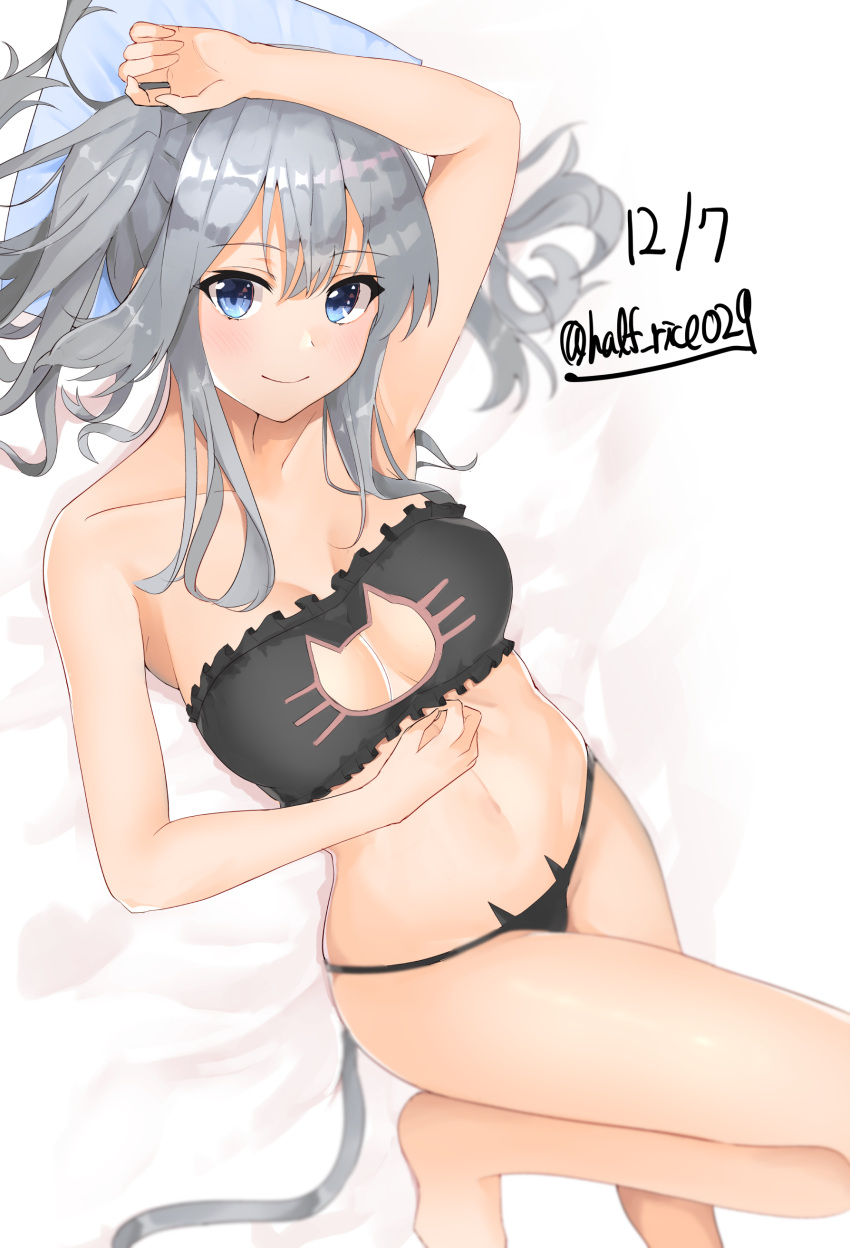 1girl absurdres bangs black_panties blue_eyes blush breasts cat_lingerie commentary_request dated eyebrows_visible_through_hair hair_between_eyes highres kantai_collection kashima_(kantai_collection) large_breasts long_hair looking_at_viewer lying meme_attire navel on_back panties shiina_aoi silver_hair simple_background smile solo twitter_username underwear white_background