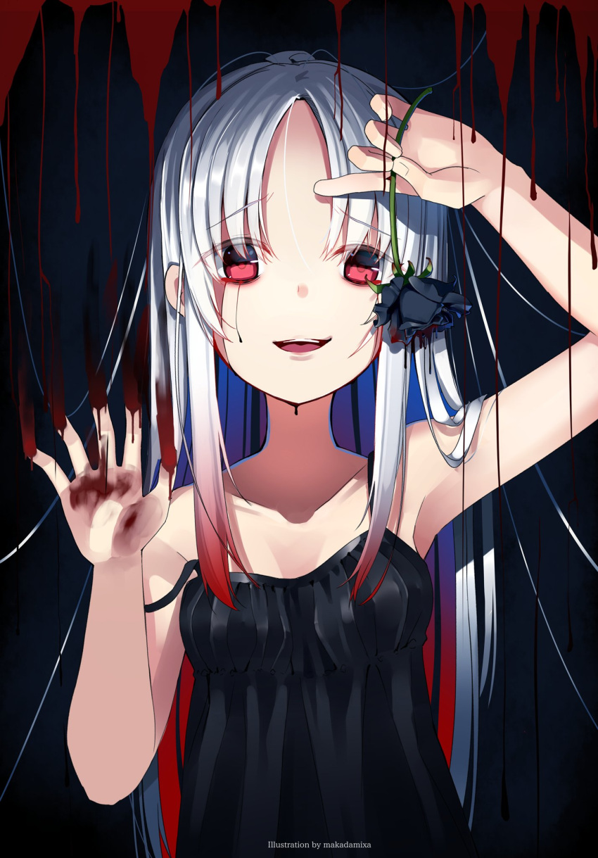 1girl :d arm_up artist_name bangs bare_arms bare_shoulders black_dress black_flower black_rose blood bloody_hands bloody_tears breasts collarbone commentary_request dress flower highres holding holding_flower long_hair looking_at_viewer makadamixa multicolored_hair open_mouth original parted_bangs red_eyes redhead rose silver_hair sleeveless sleeveless_dress small_breasts smile solo strap_slip two-tone_hair upper_body upper_teeth very_long_hair