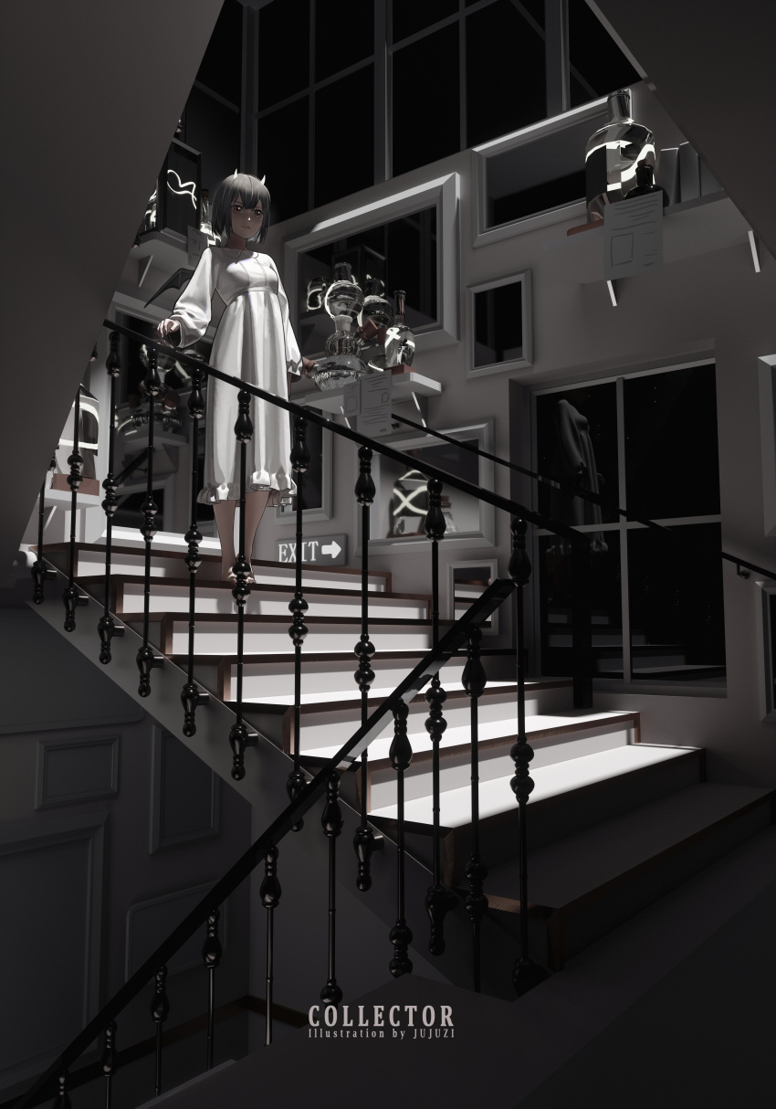 1girl 3d_background absurdres artist_name bangs barefoot black_hair demon_girl demon_horns demon_wings dress highres horns indoors long_sleeves nightgown original red_eyes short_hair solo stairs stairwell standing white_dress window wings xtears_kitsune