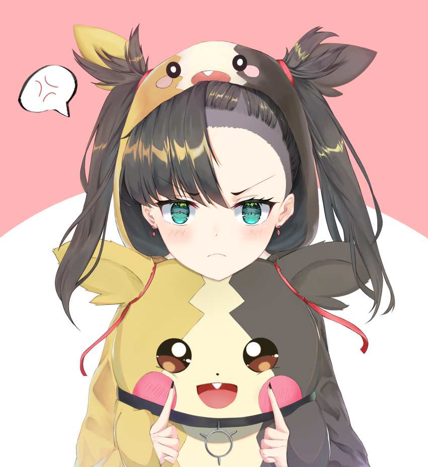 1girl aqua_eyes asymmetrical_bangs asymmetrical_hair bangs black_hair black_nails blush breasts choker commentary_request earrings eyebrows_visible_through_hair frown gom_bear green_eyes hair_ribbon highres jewelry long_sleeves looking_at_viewer mary_(pokemon) morpeko open_clothes pokemon pokemon_(game) pokemon_swsh red_ribbon ribbon solo twintails