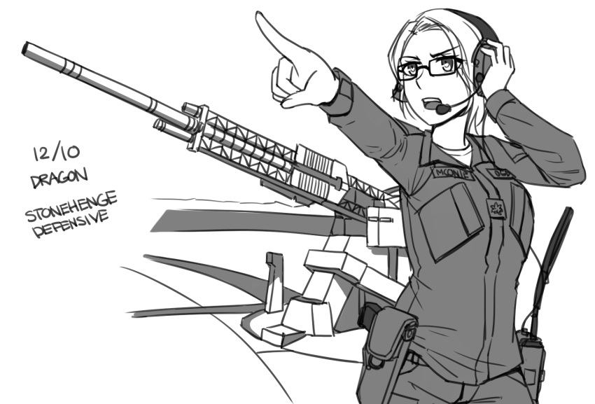 1girl ace_combat ace_combat_7 bangs breasts dated deanna_mconie ear_protection forehead glasses greyscale headset highres jacket long_sleeves looking_away monochrome ndtwofives outstretched_arm pants parted_bangs pointing shirt small_breasts solo stonehenge_turret_network upper_teeth white_background