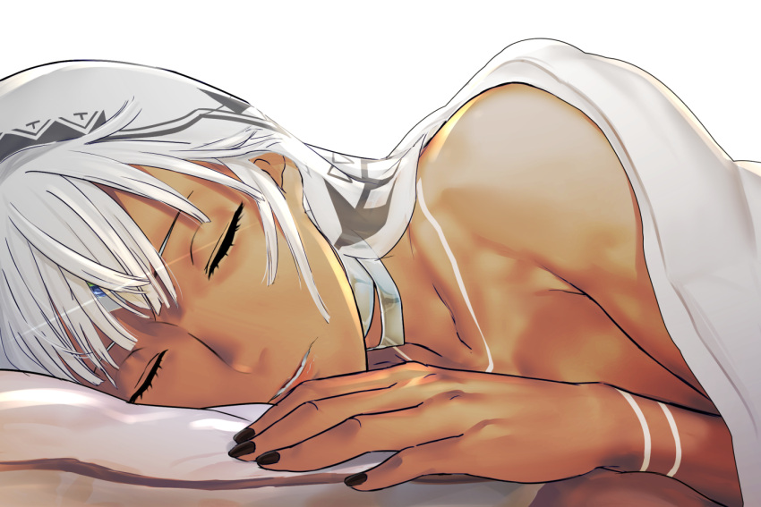 1girl altera_(fate) black_nails breasts close-up closed_eyes dark_skin fate/grand_order fate_(series) i-pan parted_lips sleeveless solo tattoo teeth veil white_hair