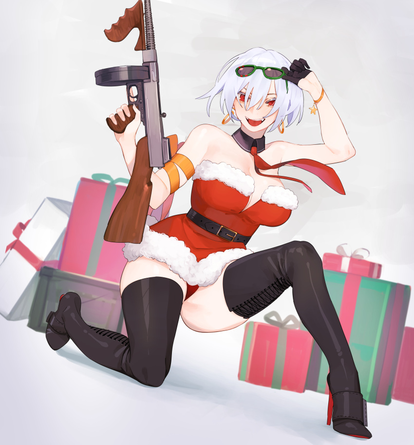 1girl absurdres alternate_costume bare_shoulders belt black_footwear black_gloves boots box breasts detached_collar eyewear_on_head gift gift_box girls_frontline gloves gun hair_between_eyes half_gloves high_heel_boots high_heels highres holding holding_gun holding_weapon juz large_breasts looking_at_viewer one_knee open_mouth red_eyes santa_costume short_hair single_glove solo submachine_gun thigh-highs thigh_boots thompson_(girls_frontline) thompson_submachine_gun weapon