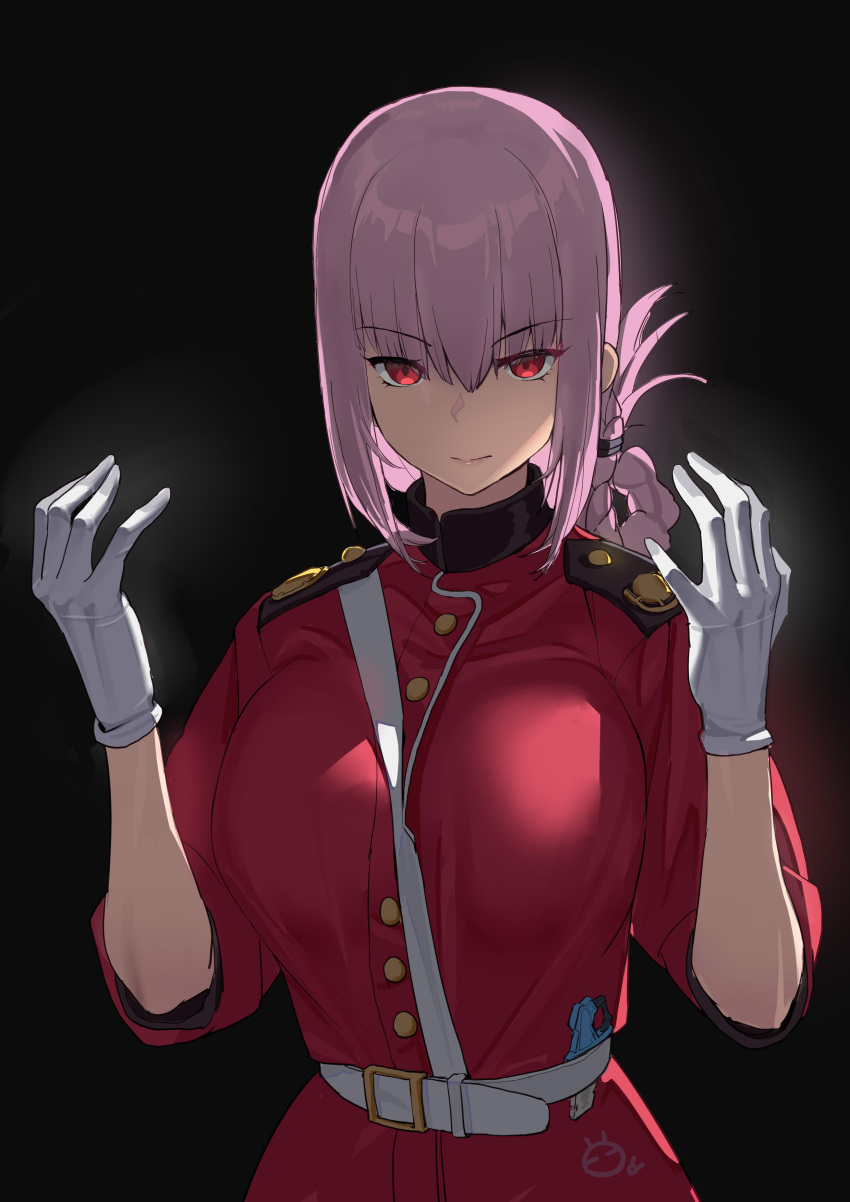1girl absurdres bangs belt between_breasts black_background braid breasts chaoxi crossover epaulettes eyebrows_visible_through_hair fate/grand_order fate_(series) florence_nightingale_(fate/grand_order) gloves hair_between_eyes highres jacket kamen_rider kamen_rider_brave kamen_rider_ex-aid_(series) large_breasts long_hair long_sleeves looking_at_viewer military_jacket pink_hair red_eyes red_jacket sleeves_folded_up solo strap_between_breasts upper_body white_belt white_gloves