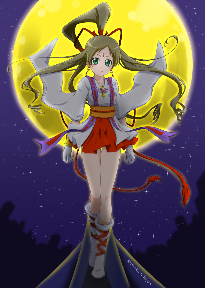 1girl absurdres bangs brown_hair cosplay_request floating_hair full_body full_moon gloves green_eyes hair_ribbon high_ponytail highres japanese_clothes kimono long_hair long_sleeves looking_at_viewer minamino_kanade miniskirt moon night niita outdoors parted_bangs pleated_skirt precure red_ribbon red_skirt ribbon shiny shiny_hair skirt sky solo standing star_(sky) starry_sky suite_precure thigh_gap very_long_hair white_gloves white_kimono wide_sleeves