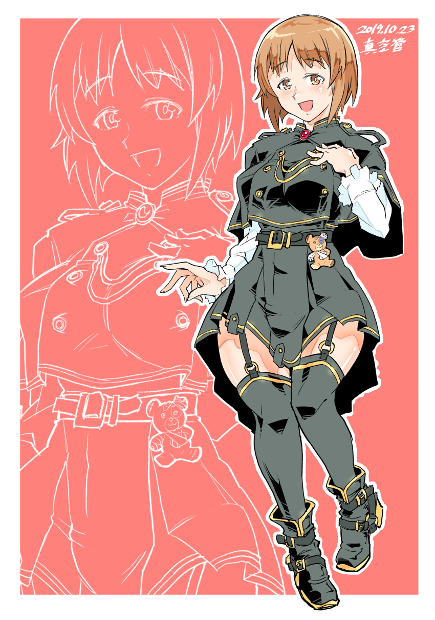 1girl :d absurdres alternate_costume ankle_boots artist_name bangs belt black_belt black_dress black_footwear black_legwear boko_(girls_und_panzer) boots bright_pupils brown_eyes brown_hair commentary dated dress dress_shirt epaulettes eyebrows_visible_through_hair frilled_sleeves frills full_body garter_straps girls_und_panzer hand_on_own_chest highres long_sleeves looking_at_viewer nishizumi_miho o-ring open_mouth outline pleated_dress shinkuukan_(tetsuo3) shirt short_dress short_hair single_horizontal_stripe smile solo standing stuffed_animal stuffed_toy teddy_bear thigh-highs white_pupils white_shirt zoom_layer