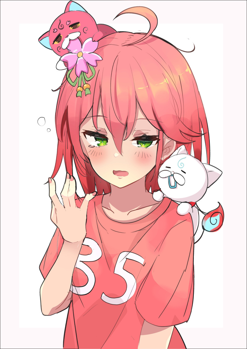 1girl 35p_(miko_channel) absurdres ahoge alternate_costume animal animal_on_head animal_on_shoulder bangs blush cat cat_on_head cat_on_shoulder cherry_blossoms collarbone eyebrows_visible_through_hair flower green_eyes hair_between_eyes hair_flower hair_ornament half-closed_eyes highres hololive kintoki_(miko_channel) medium_hair nail_polish number on_head open_mouth pink_cat pink_hair pink_nails pink_shirt sakura_miko satobitob shirt upper_body virtual_youtuber wavy_mouth white_background white_cat yawning