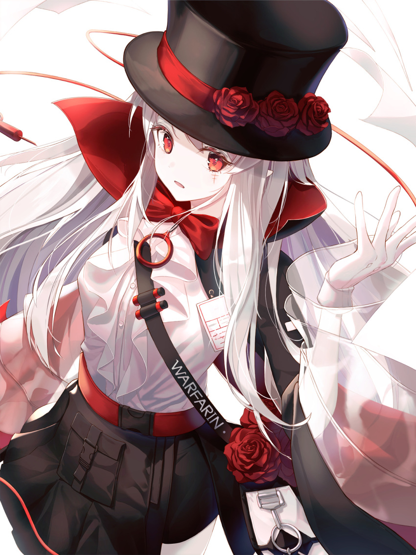 1girl arknights bag black_headwear black_skirt buttons capelet character_name commentary cowboy_shot flower frostscent hand_up hat hat_flower highres long_hair looking_at_viewer pale_skin parted_lips pointy_ears red_eyes rose see-through shirt shirt_tucked_in shoulder_bag skirt solo strap top_hat warfarin_(arknights) white_background white_hair white_shirt