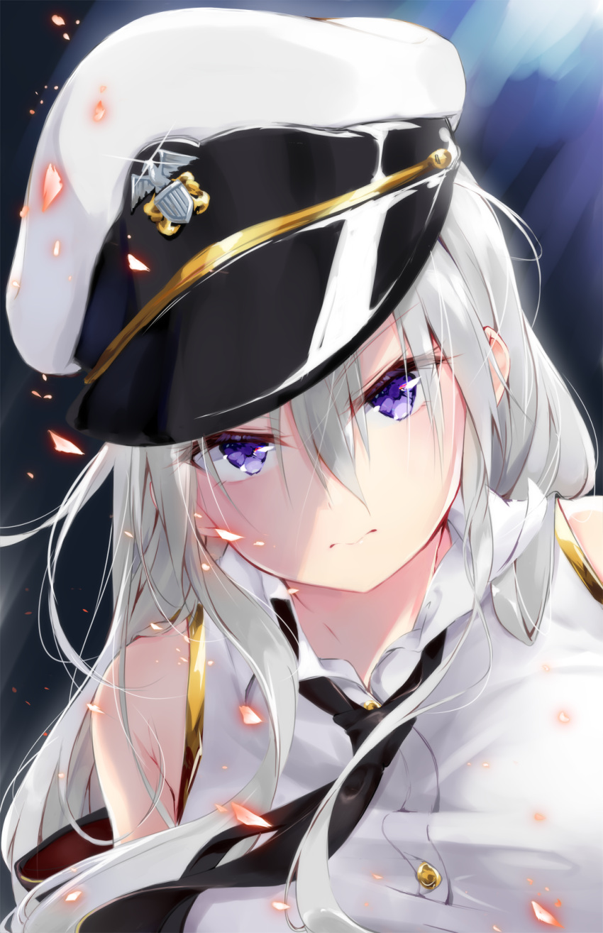 1girl 3: azur_lane bangs bare_shoulders black_neckwear buttons closed_mouth collared_shirt enterprise_(azur_lane) glint gold_trim hair_between_eyes hat highres long_hair looking_at_viewer military_hat necktie off_shoulder peaked_cap shirt sidelocks silver_hair sleeveless sleeveless_shirt solo t-bth upper_body violet_eyes white_headwear white_shirt