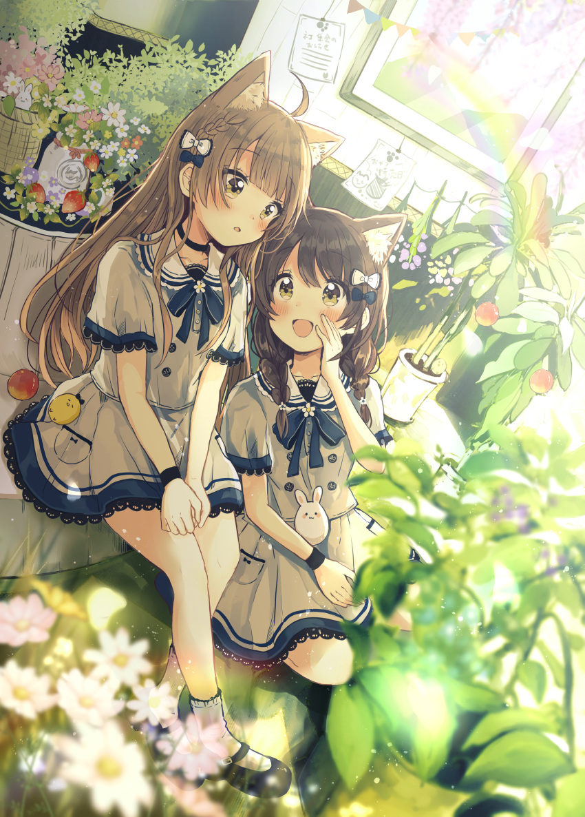 2girls :d absurdres ahoge animal animal_ear_fluff animal_ears bird black_footwear blue_bow blurry blurry_foreground blush bow braid brown_eyes brown_hair cat_ears chick collared_dress commentary_request depth_of_field dress flower food fruit hair_bow highres indoors long_hair mary_janes multiple_girls open_mouth original parted_lips pink_flower rabbit rainbow red_flower sakura_oriko shoes short_sleeves sitting smile socks strawberry sunlight very_long_hair white_bow white_dress white_flower white_legwear