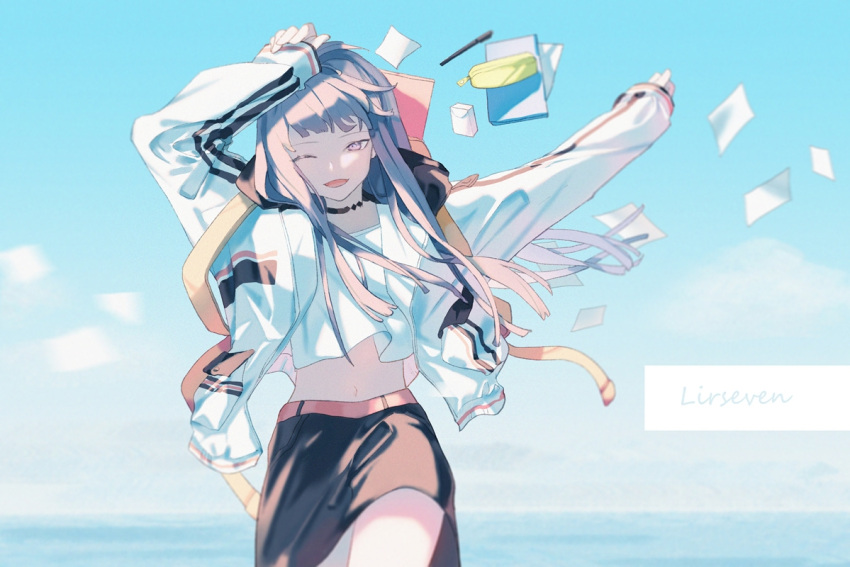 1girl ;d arms_up artist_name backpack bag black_choker black_skirt blue_sky blurry book choker commentary_request cowboy_shot day depth_of_field eraser floating_hair grey_hair hand_on_own_head horizon jacket lirseven long_hair long_sleeves midriff navel ocean one_eye_closed open_clothes open_jacket open_mouth original outdoors outstretched_arm paper pen pencil_case pocket shirt skirt sky smile solo striped striped_legwear very_long_hair violet_eyes white_jacket white_shirt wind
