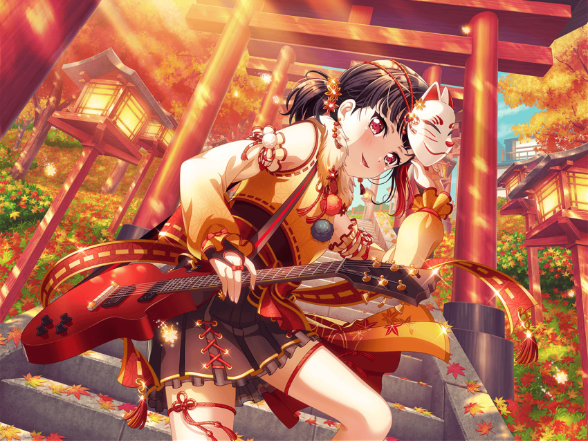 1girl autumn bangs black_hair blush day dress east_asian_architecture guitar holding_instrument japanese_architecture looking_at_viewer maple_leaf mask mitake_ran official_art open_mouth red_eyes short_hair smile solo sunlight