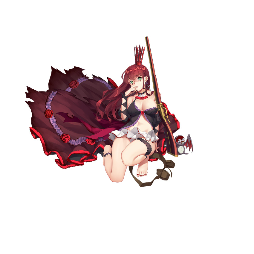 bare_shoulders barefoot bat breasts breasts_apart cross crown_hat earrings fingernails flower formidable_(warship_girls_r) green_eyes gun highres jewelry large_breasts long_fingernails musket red_flower red_nails red_rose redhead rose seiza sitting smile toenail_polish toenails toes warship_girls_r weapon zi_se