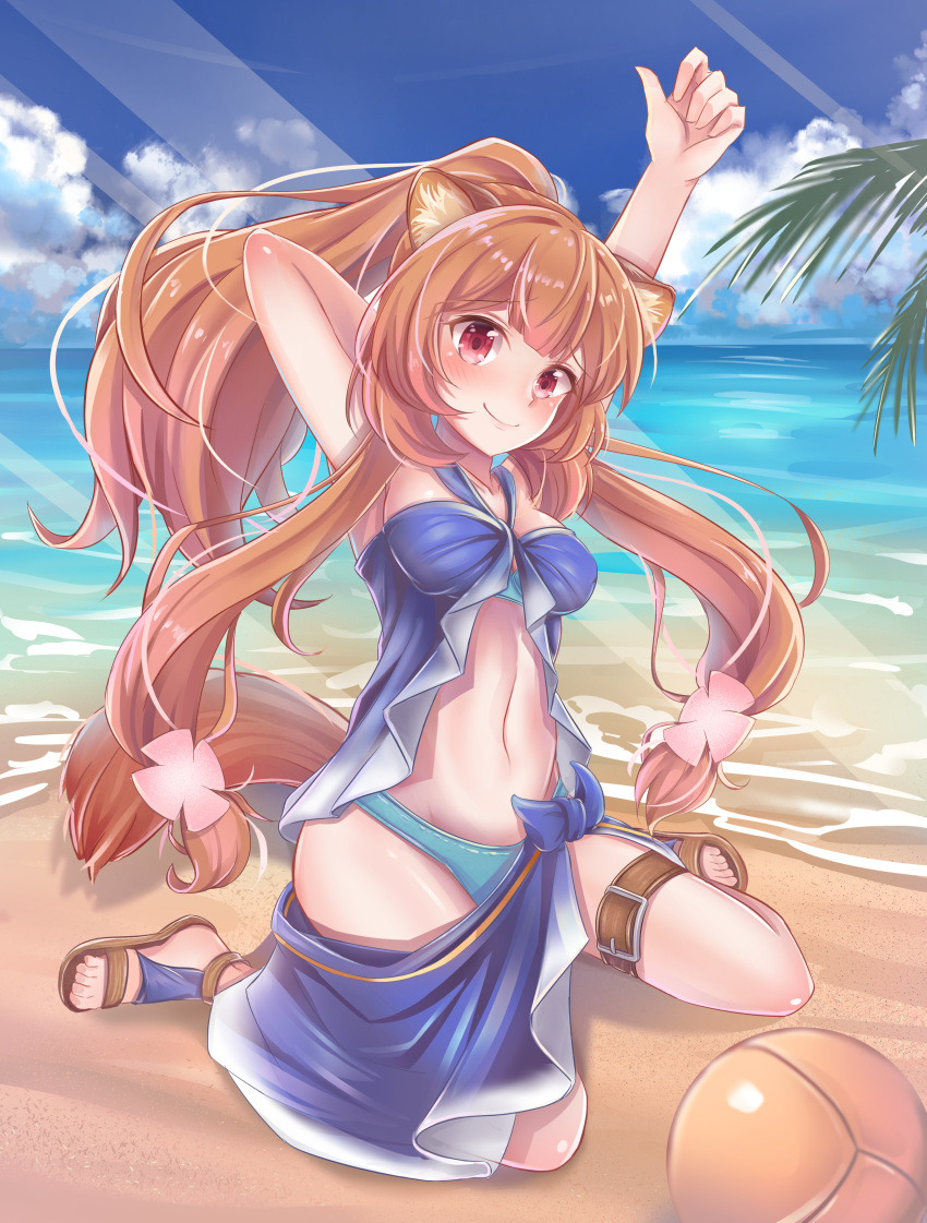 1girl absurdres aisha_(rfrm) animal_ear_fluff animal_ears arms_up ball bangs beach beachball bikini blue_bikini blue_sky blush breasts brown_footwear brown_hair clouds commentary_request day eyebrows_visible_through_hair groin halterneck head_tilt highres long_hair long_ponytail looking_at_viewer medium_breasts navel ocean outdoors partial_commentary raccoon_ears raccoon_tail raphtalia red_eyes sandals sarong shadow sitting sky smile solo stomach stretch swimsuit tail tate_no_yuusha_no_nariagari thigh_strap thighs wariza water