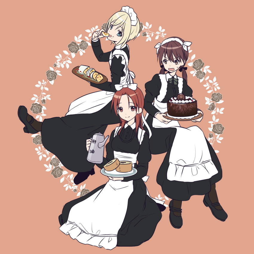 3girls apron baumkuchen blonde_hair blue_eyes bow brown_eyes brown_hair cake commentary_request erica_hartmann food frills gertrud_barkhorn hair_bow hairband highres ichiren_namiro juliet_sleeves long_hair long_skirt long_sleeves low_twintails maid maid_apron maid_headdress mary_janes minna-dietlinde_wilcke multiple_girls orange_eyes orange_hair puffy_sleeves shoes short_hair skirt strike_witches twintails waist_apron white_apron world_witches_series