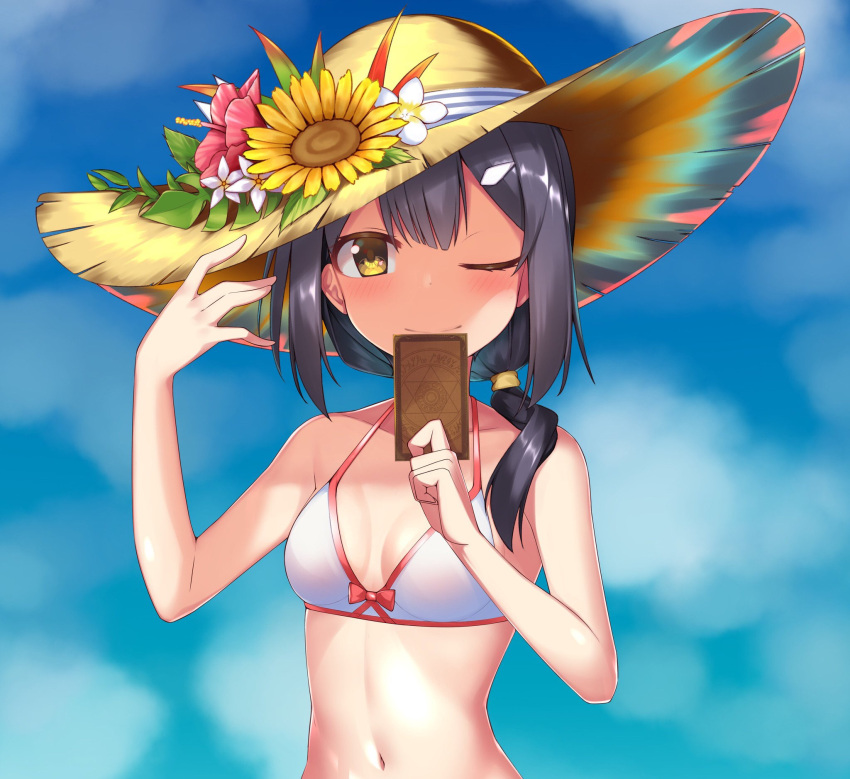 1girl alternate_hair_length alternate_hairstyle bikini blue_sky breasts cellphone cellphone_camera clouds commentary_request fate/kaleid_liner_prisma_illya fate_(series) flower hair_over_shoulder hat highres long_hair looking_at_viewer misakisanakichi miyu_edelfelt one_eye_closed phone sky small_breasts smile solo straw_hat sun_hat sunflower swimsuit upper_body white_bikini