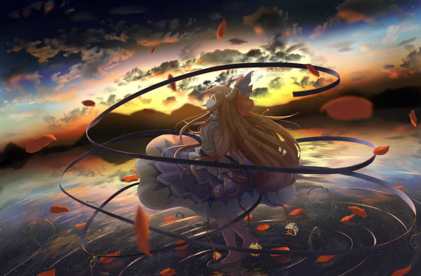 1girl absurdres barefoot belt blue_bow bow brown_eyes brown_hair chain clouds cloudy_sky cube gourd highres horn_bow horn_ribbon horns ibuki_suika immaterial_and_missing_power landscape long_hair looking_up nakit oni orange_eyes orange_hair petals petals_on_liquid pyramid_(geometry) red_bow ribbon skirt sky sphere sunset touhou water water_surface wrist_cuffs