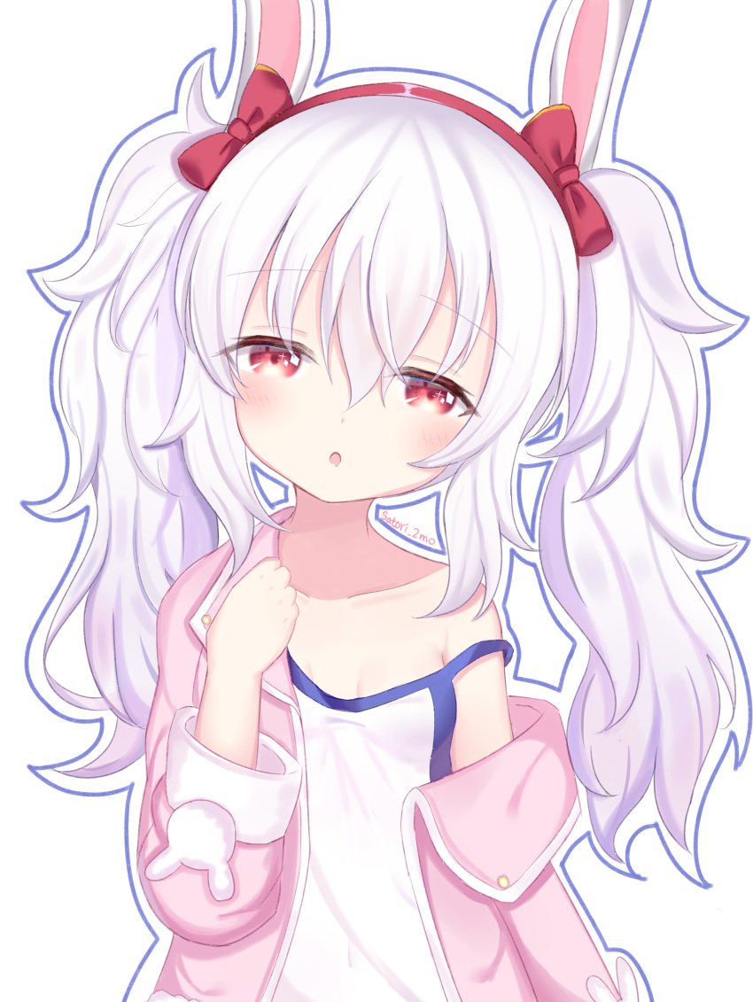 1girl :o absurdres animal_ears azur_lane bangs bare_shoulders bow breasts camisole collarbone commentary_request covered_navel drooling eyebrows_visible_through_hair hair_between_eyes hairband hand_up highres jacket laffey_(azur_lane) long_hair long_sleeves looking_at_viewer mouth_drool off_shoulder open_clothes open_jacket outline parted_lips pink_jacket rabbit_ears red_bow red_eyes red_hairband satori_(ymoy) silver_hair simple_background small_breasts solo strap_slip twintails upper_body white_background white_camisole