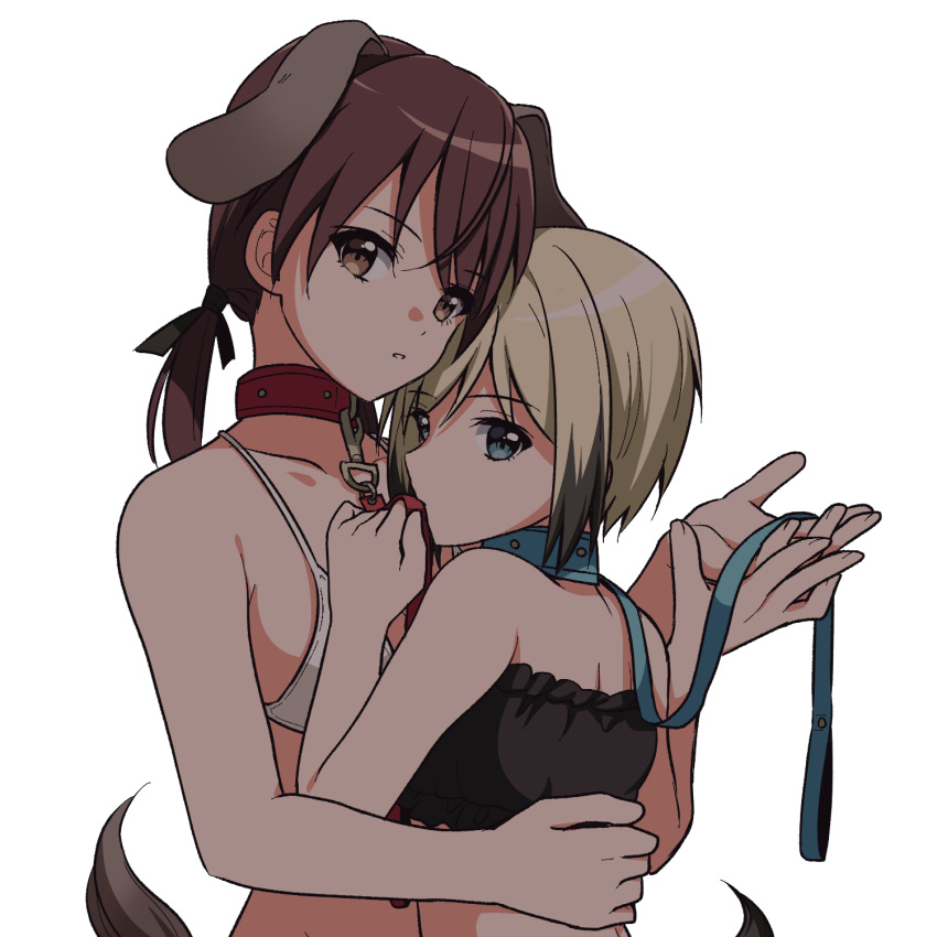 2girls animal_ears blonde_hair blue_collar blue_eyes bra brown_eyes brown_hair collar commentary_request dog_collar dog_ears erica_hartmann gertrud_barkhorn highres hug ichiren_namiro leash long_hair looking_at_viewer low_twintails multicolored_hair multiple_girls red_collar short_hair strike_witches tail twintails two-tone_hair underwear white_background world_witches_series