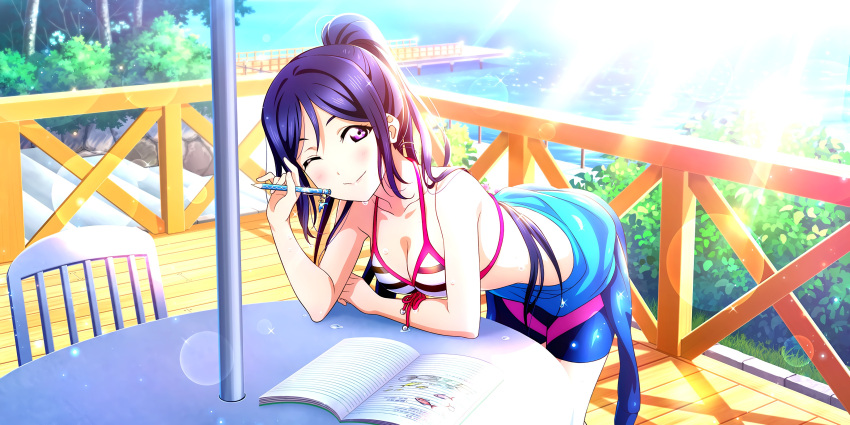 bikini blue_hair blush long_hair love_live!_school_idol_festival_all_stars matsuura_kanan ponytail smile violet_eyes wink