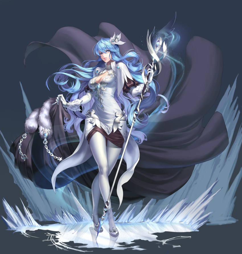 1girl absurdres blue_eyes blue_hair breasts capelet cloak dress flower gem gloves hair_flower hair_ornament highres jewelry large_breasts lips long_hair original ring shen_xiao_guang_ye shoes very_long_hair white_dress white_legwear